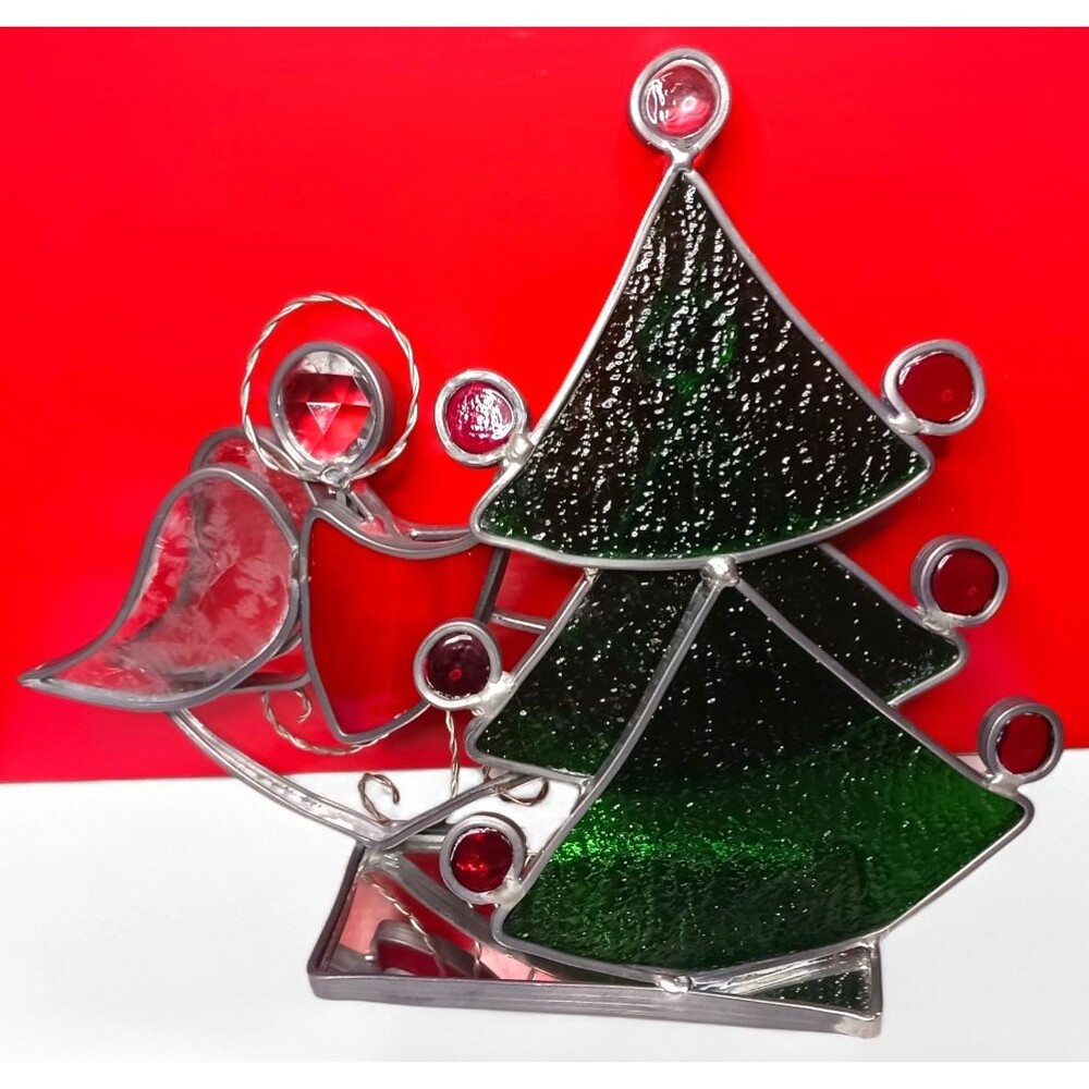 Vintage Stained Glass Angel & Christmas Tree Suncatcher Figure Holiday Handmade